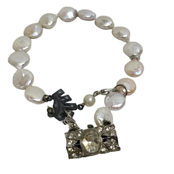 Vintage Clear Crystal Cultured Freshwater Coin Pearl Bracelet - Picture 1 of 2